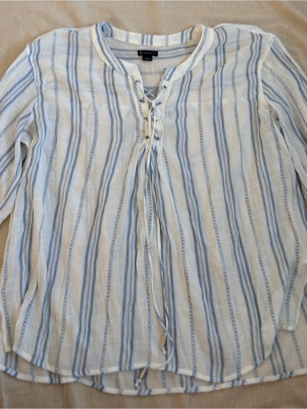 new directions White and Light Blue Lace-Up Striped Blouse